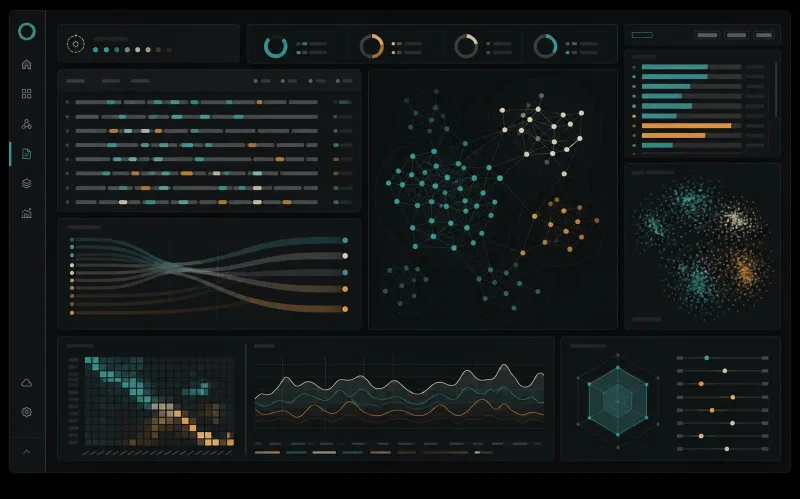 Abstract NLP analytics interface with language graphs, token streams, and model confidence panels.